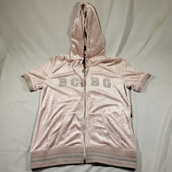 BCBGMaxAzria Tops - NWT*BCBG Maxzaria*Medium*Short Sleeve Full Zip Hoodie*Pink Velvet*Rhinestones